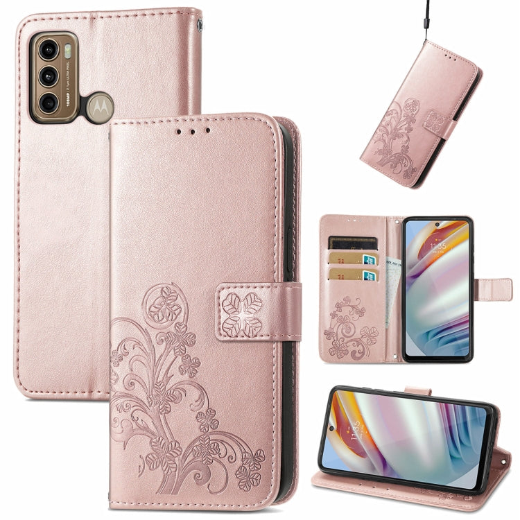 Rose embossed leather wallet phone case with four-leaf clasp, lanyard, card slot, stand