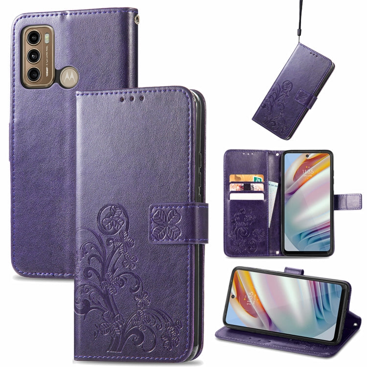 Purple embossed leather wallet phone case with four-leaf clasp, lanyard, card slot, stand
