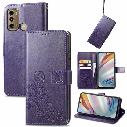 Purple embossed leather wallet phone case with four-leaf clasp, lanyard, card slot, stand
