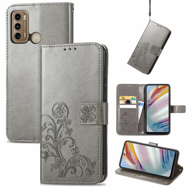 Gray embossed leather wallet phone case with four-leaf clasp, lanyard, card slot, stand