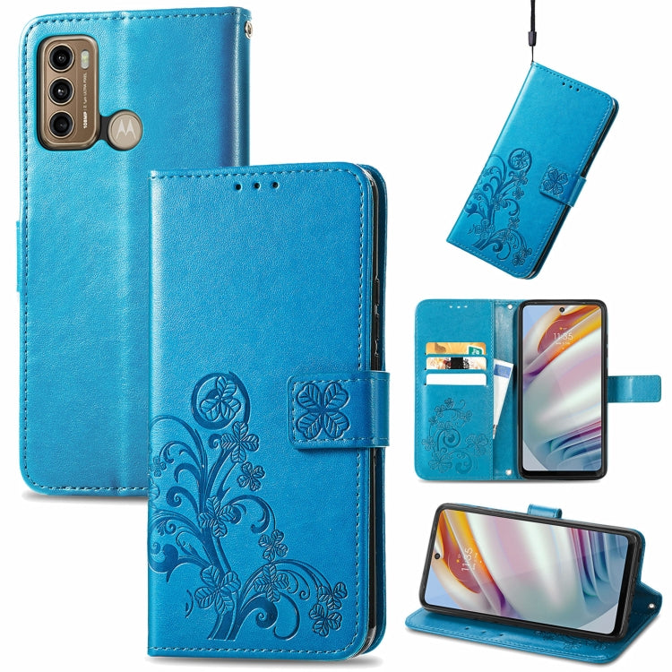 Blue embossed leather wallet phone case with four-leaf clasp, lanyard, card slot, stand