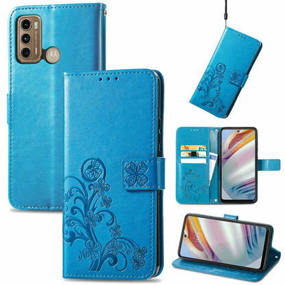 Blue embossed leather wallet phone case with four-leaf clasp, lanyard, card slot, stand