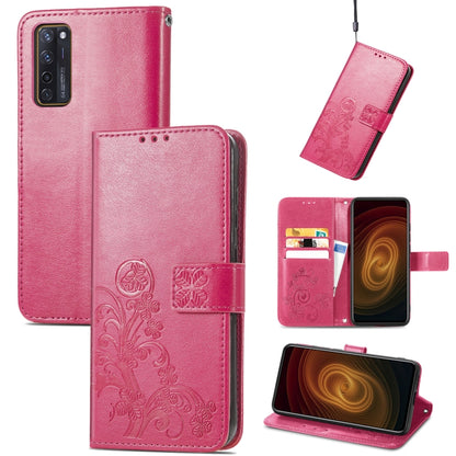 Fuchsia embossed leather wallet phone case with four-leaf clasp, lanyard, card slot, stand