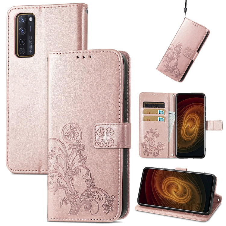 Pink embossed leather wallet phone case with clasp, lanyard, and card slots