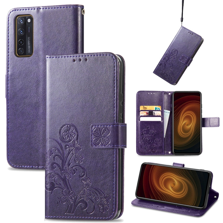 Purple embossed leather wallet phone case with clasp, lanyard, and card slots