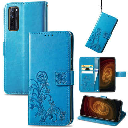 Blue embossed leather wallet phone case with clasp, lanyard, and card slots
