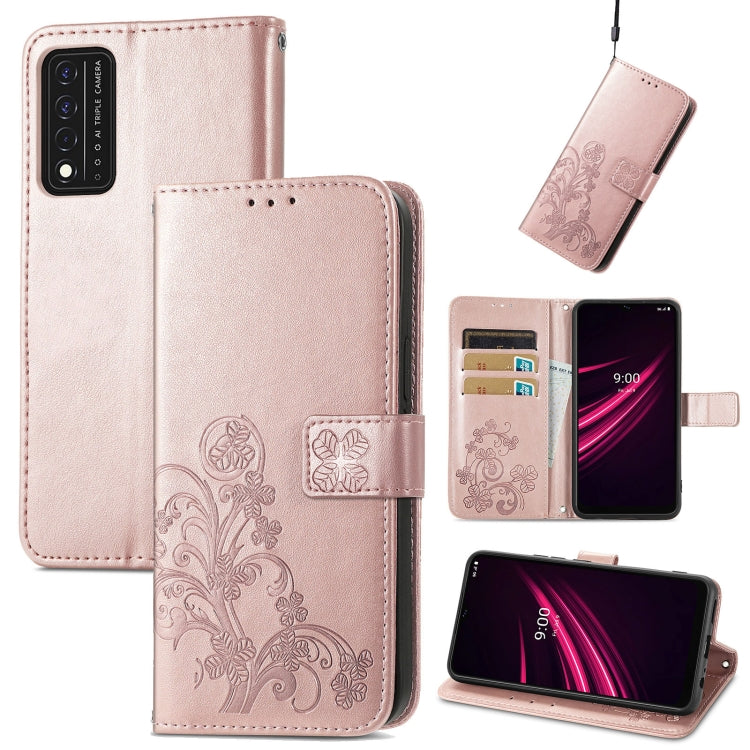 Rose gold embossed leather wallet phone case with lanyard, card slot, and stand support.