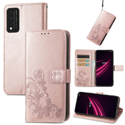Rose gold embossed leather wallet phone case with lanyard, card slot, and stand support.