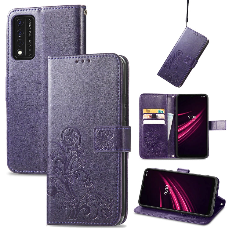 Dark purple embossed leather wallet phone case with lanyard, card slot, and stand support.