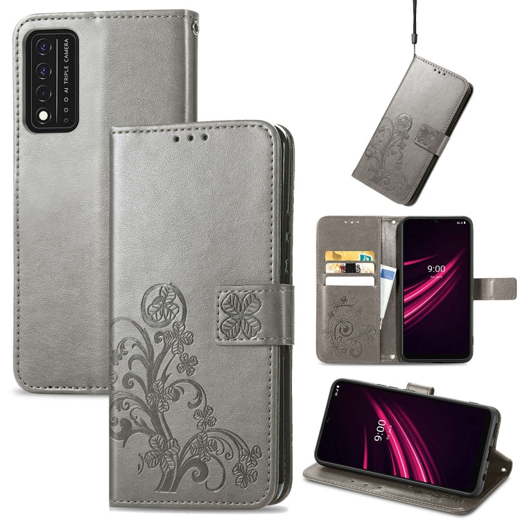 Gray embossed leather wallet phone case with lanyard, card slot, and stand support.