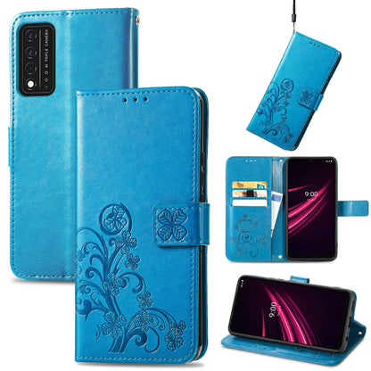 Bright blue embossed leather wallet phone case with lanyard, card slot, and stand support.