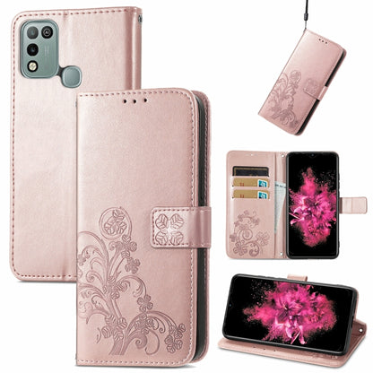 Light rose embossed leather wallet phone case with lanyard, card slot, and stand support.