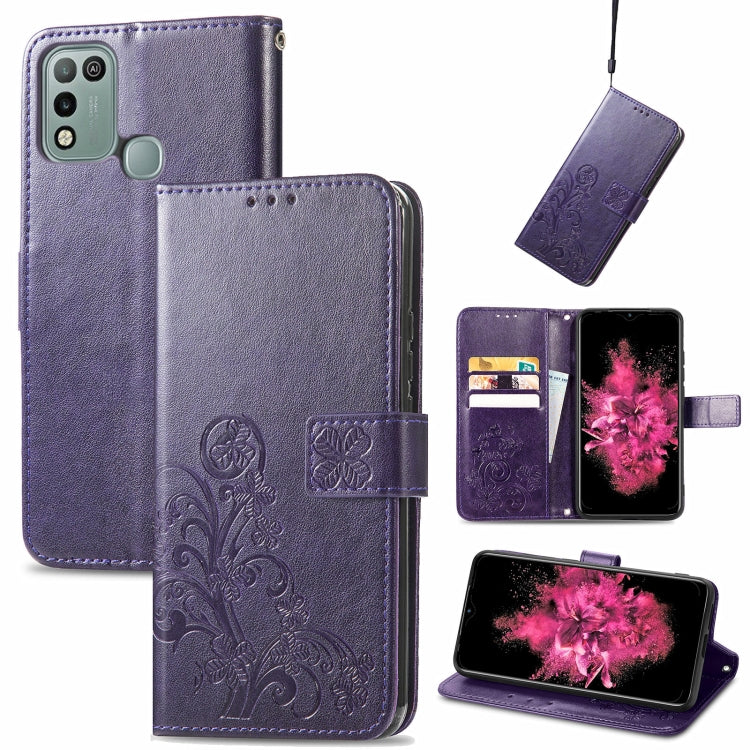 Purple embossed leather wallet phone case with clasp buckle, card slots, and stand