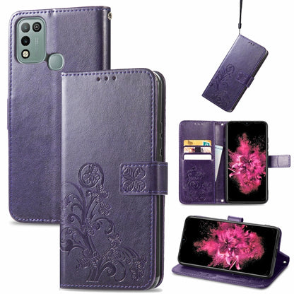 Purple embossed leather wallet phone case with clasp buckle, card slots, and stand