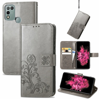 Gray embossed leather wallet phone case with clasp buckle, card slots, and stand