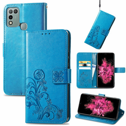 Blue embossed leather wallet phone case with clasp buckle, card slots, and stand