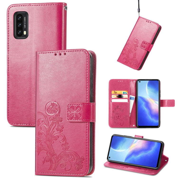 Pink embossed leather wallet phone case with clasp buckle, card slots, and stand