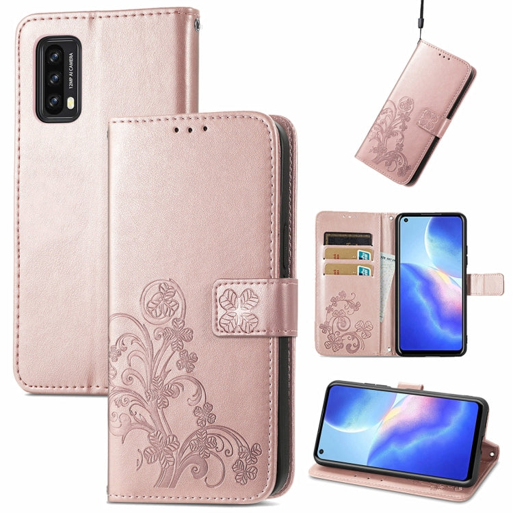 Light pink embossed leather wallet phone case with clasp buckle, card slots, and stand