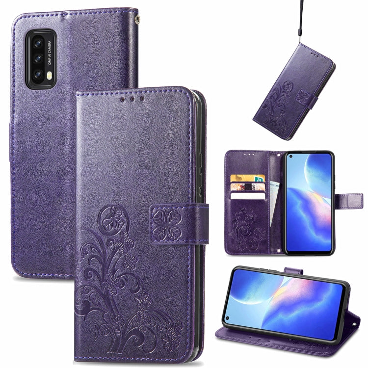 Purple embossed leather folio phone case with clasp buckle, card holder, and lanyard