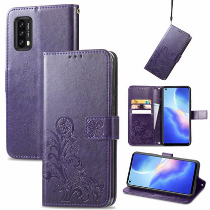 Purple embossed leather folio phone case with clasp buckle, card holder, and lanyard