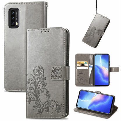 Gray embossed leather folio phone case with clasp buckle, card holder, and lanyard