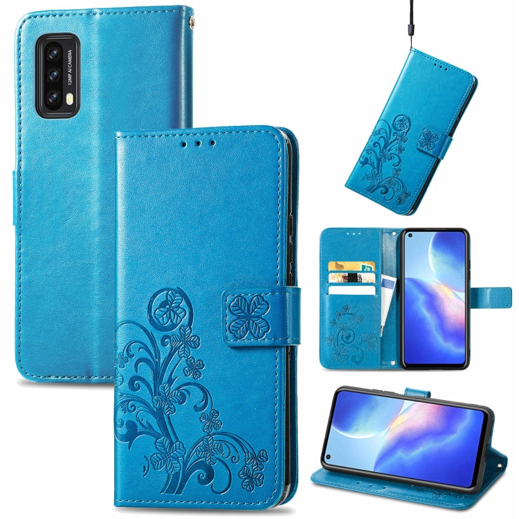 Blue embossed leather folio phone case with clasp buckle, card holder, and lanyard