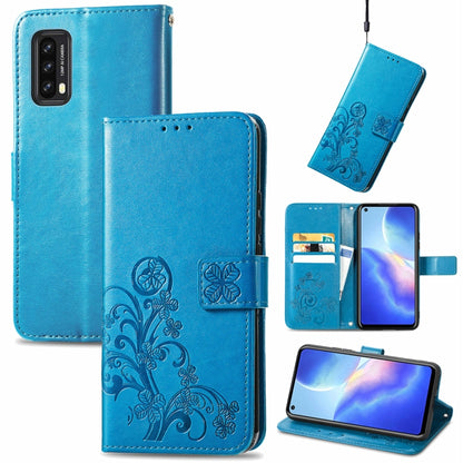 Blue embossed leather folio phone case with clasp buckle, card holder, and lanyard