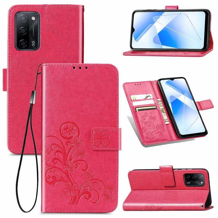 Red leather wallet phone case with embossed floral clasp, card slots, and lanyard