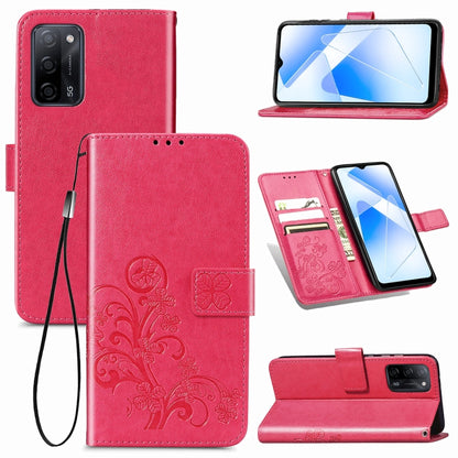 Red leather wallet phone case with embossed floral clasp, card slots, and lanyard