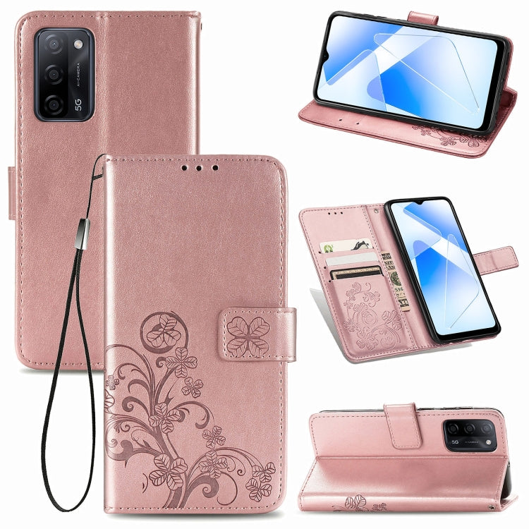 Rose leather wallet phone case with embossed floral clasp, card slots, and lanyard