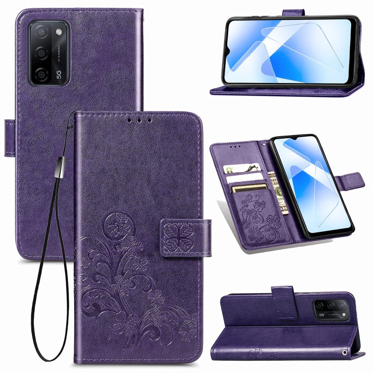 Purple embossed leather-style phone case with floral clasp, card slots, stand, lanyard
