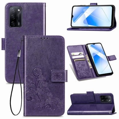 Purple embossed leather-style phone case with floral clasp, card slots, stand, lanyard