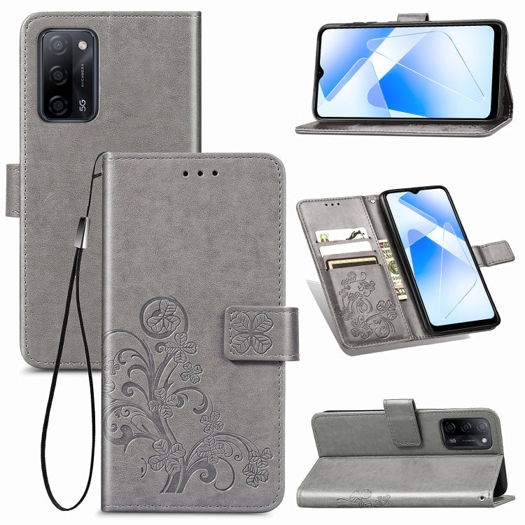 Gray embossed leather-style phone case with floral clasp, card slots, stand, lanyard