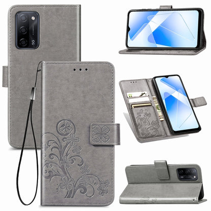 Gray embossed leather-style phone case with floral clasp, card slots, stand, lanyard