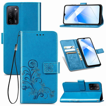 Blue embossed leather-style phone case with floral clasp, card slots, stand, lanyard