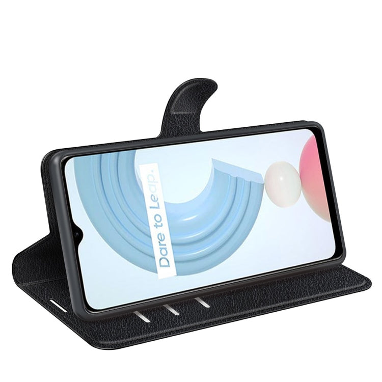 Black litchi-texture flip wallet case with fold-out stand for OPPO Realme C21Y