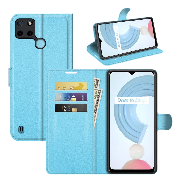 Blue litchi texture flip wallet case with card slots and holder for Realme C21Y