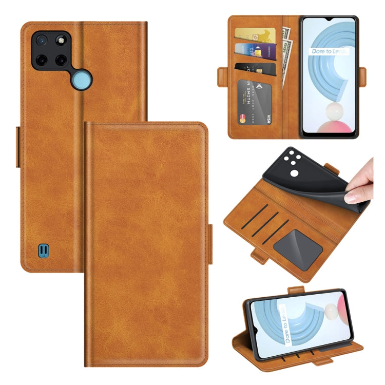 Yellow-brown leather flip phone case with magnetic buckle, card holder, and kickstand