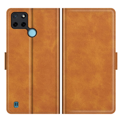 Brown leather horizontal flip phone case with magnetic clasp and cutouts for camera