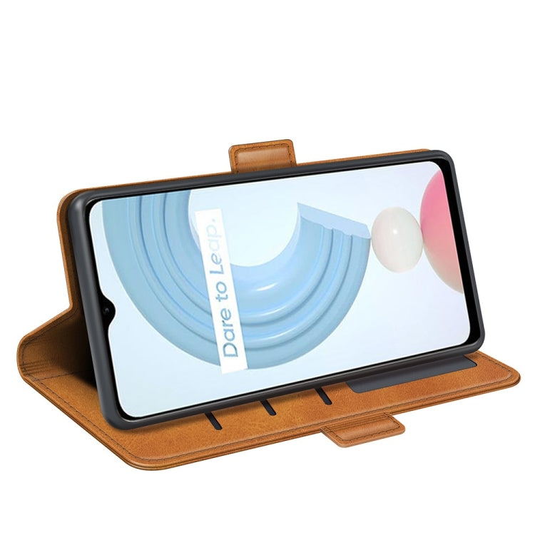 Brown leather flip phone case with card slots, shown in landscape viewing stand