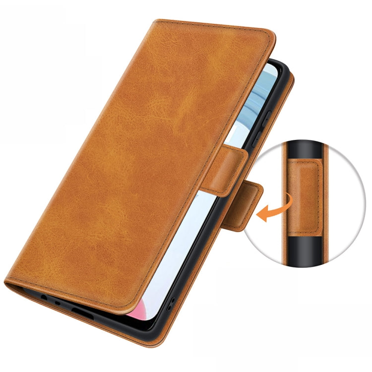 Brown leather flip phone case with magnetic buckle closure detail and card holder