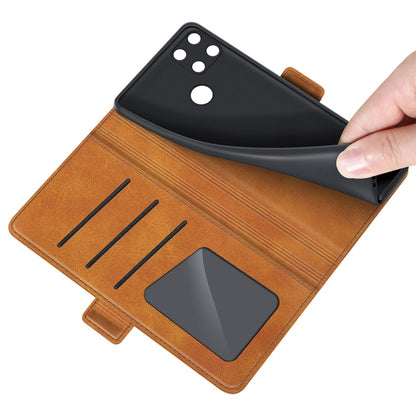 Brown leather wallet flip case with three card slots and textured front pocket