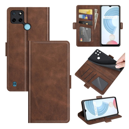 Brown leather dual-side flip phone case with card slots and magnetic buckle, open