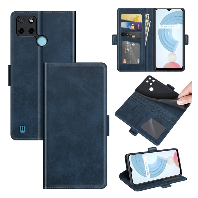Dark blue leather flip phone case with magnetic buckle, card slots, and phone stand