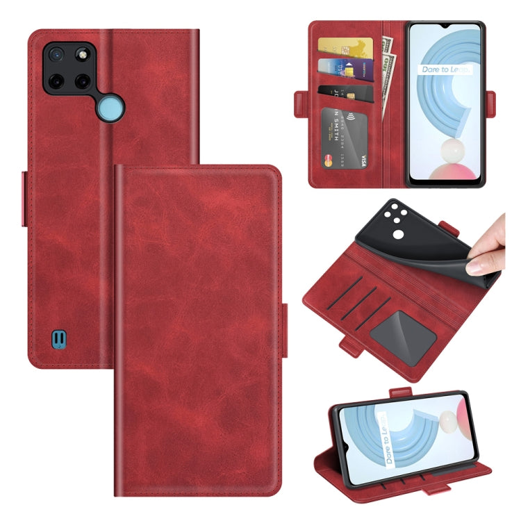 Red leather flip phone case with magnetic buckle, card slots, and viewing stand