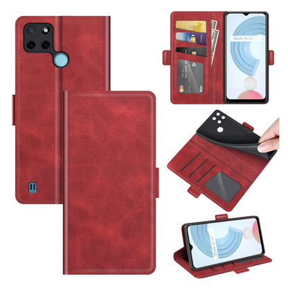 Red leather flip phone case with magnetic buckle, card slots, and viewing stand