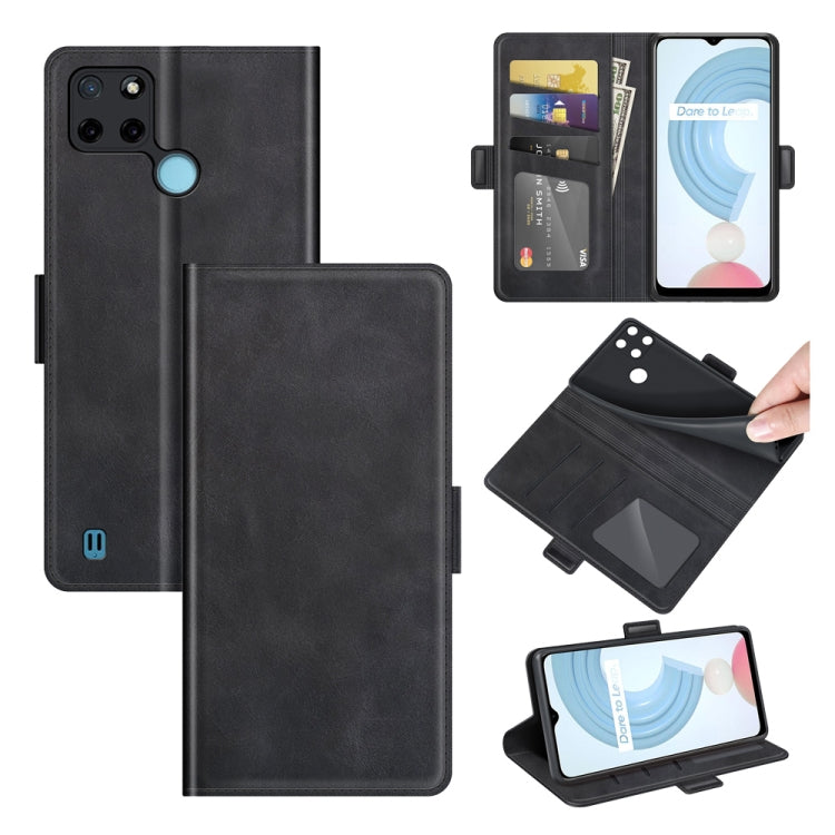 Black leather flip phone case with magnetic buckle, card slots, and phone holder