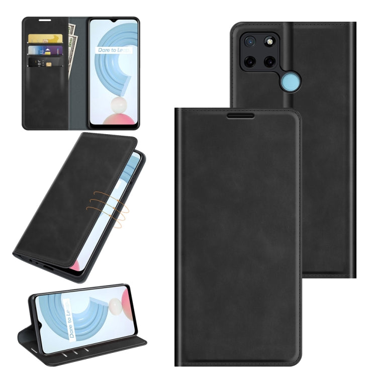 Black leather phone wallet case with magnetic closure, card slots, and stand holder
