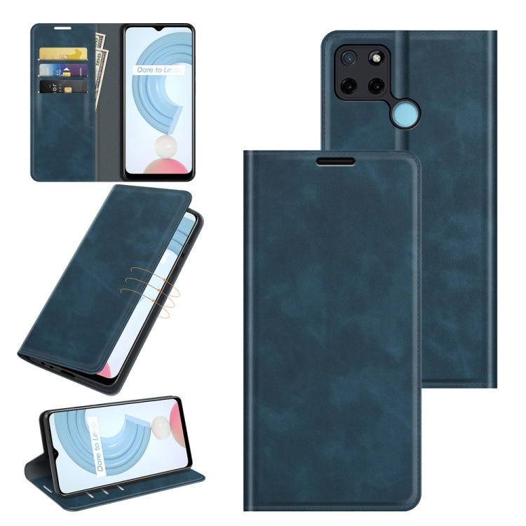 Dark blue leather phone wallet case with magnetic closure, card slots, and stand holder