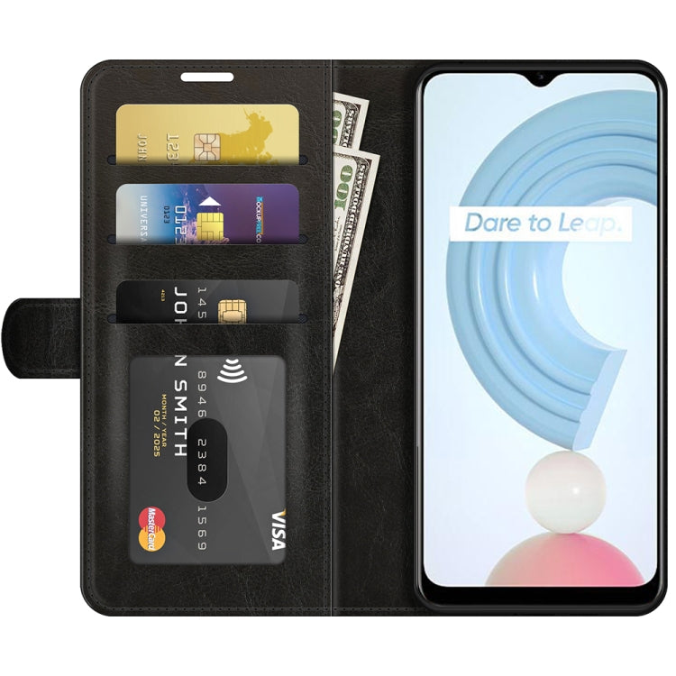 Black flip wallet phone case with card slots and visible phone front protection for OPPO Realme C21Y